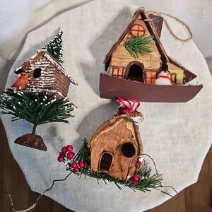 3 Birdhouse Christmas Ornaments Unique & Detailed